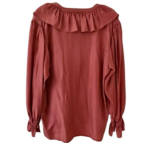 Vtg 90s Silk Poet Ruffles Romantic Feminine Dusty Rose Pink Bib Collar Blouse M - Picture 10 of 15